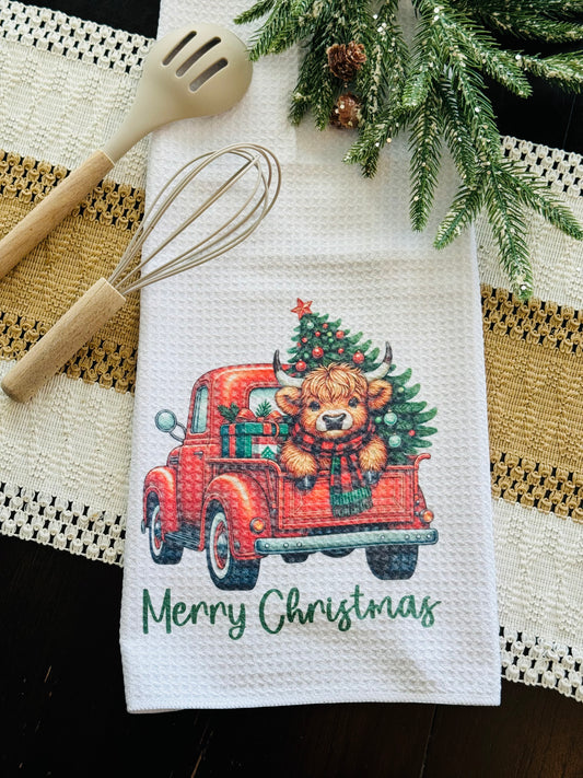 “Merry Christmas” Highland Cow Christmas Truck Towel