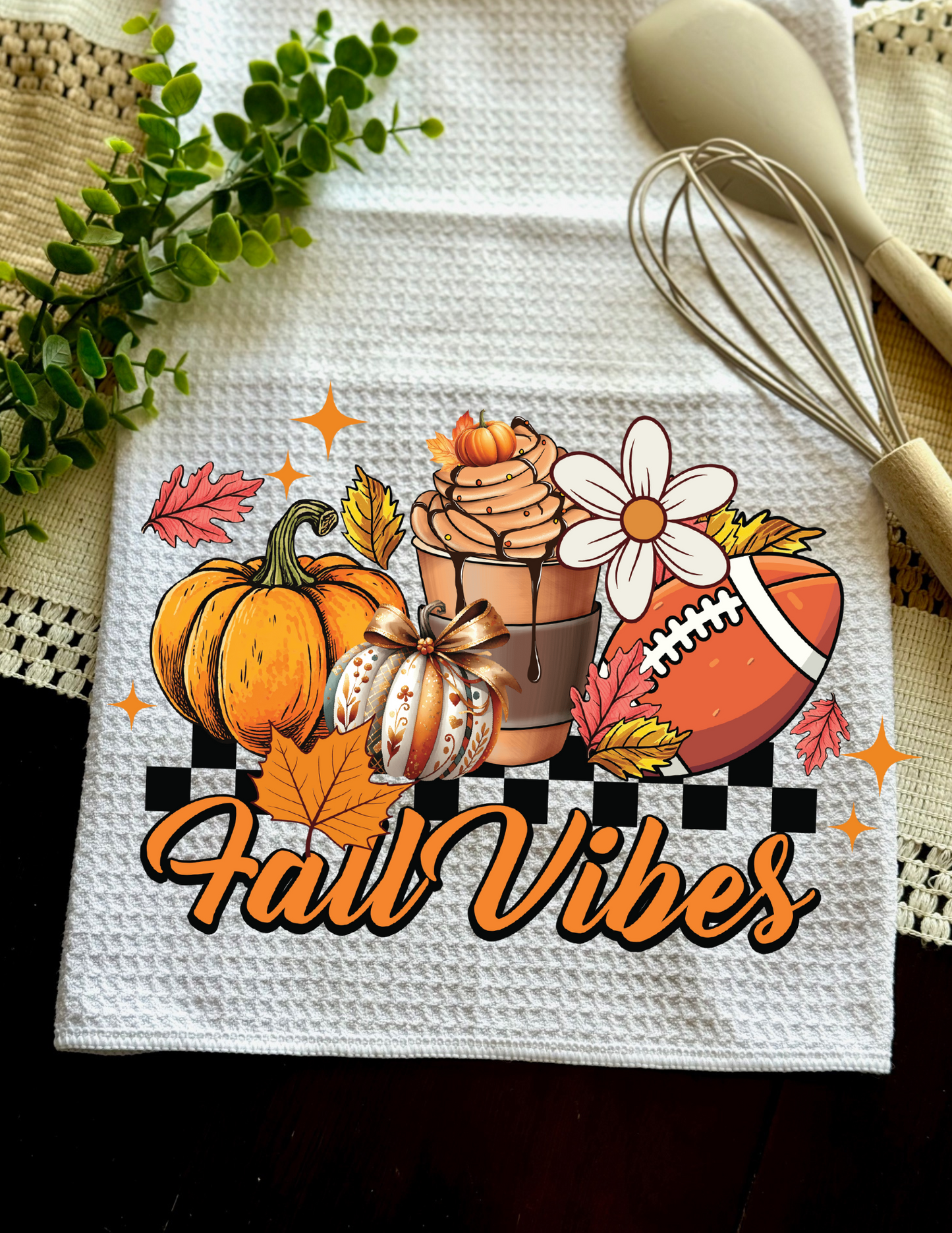 Retro - "Fall Vibes" Pumpkins, drink & Football - Towel